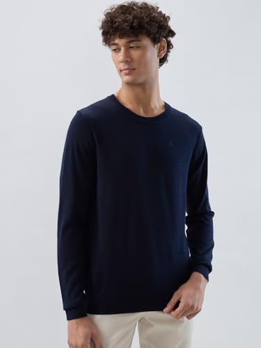 Raymond Men Regular Fit Solid Pattern Acrylic Wool Blend Round Neck Full Sleeve Casual Sweater Blue