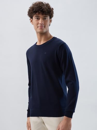 Raymond Men Regular Fit Solid Pattern Acrylic Wool Blend Round Neck Full Sleeve Casual Sweater Blue