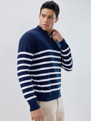 Raymond Men Regular Fit Structure Pattern Cotton Nylon Blend Rib Collar Full Sleeve Casual Sweater Blue