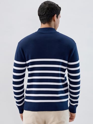 Raymond Men Regular Fit Structure Pattern Cotton Nylon Blend Rib Collar Full Sleeve Casual Sweater Blue