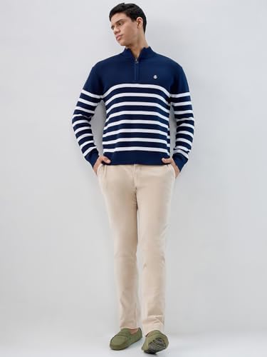 Raymond Men Regular Fit Structure Pattern Cotton Nylon Blend Rib Collar Full Sleeve Casual Sweater Blue