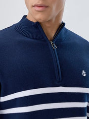 Raymond Men Regular Fit Structure Pattern Cotton Nylon Blend Rib Collar Full Sleeve Casual Sweater Blue