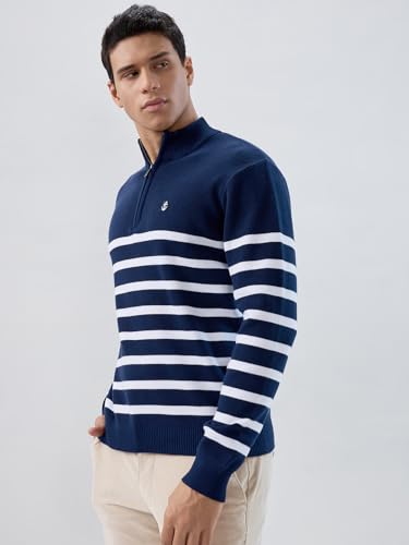 Raymond Men Regular Fit Structure Pattern Cotton Nylon Blend Rib Collar Full Sleeve Casual Sweater Blue