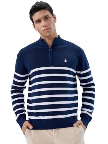 Raymond Men Regular Fit Structure Pattern Cotton Nylon Blend Rib Collar Full Sleeve Casual Sweater Blue