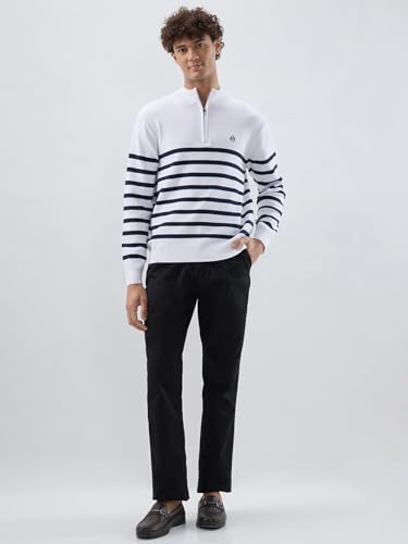 Raymond Men Regular Fit Structure Pattern Cotton Nylon Blend Rib Collar Full Sleeve Casual Sweater White