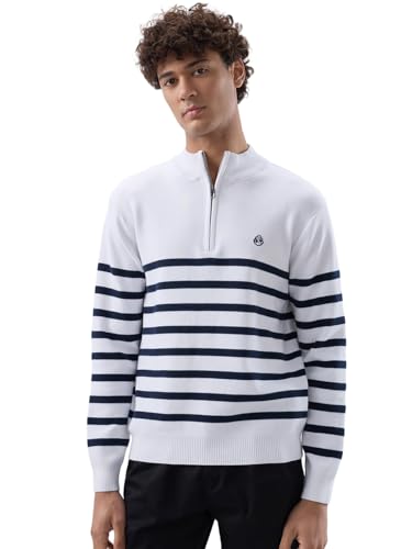 Raymond Men Regular Fit Structure Pattern Cotton Nylon Blend Rib Collar Full Sleeve Casual Sweater White