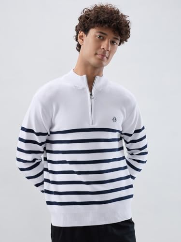 Raymond Men Regular Fit Structure Pattern Cotton Nylon Blend Rib Collar Full Sleeve Casual Sweater White