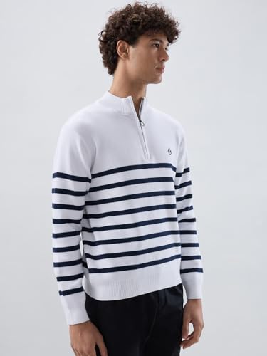 Raymond Men Regular Fit Structure Pattern Cotton Nylon Blend Rib Collar Full Sleeve Casual Sweater White