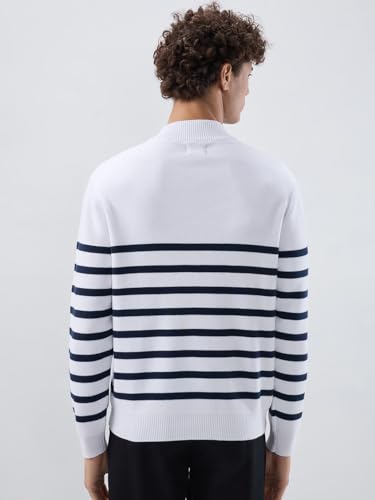 Raymond Men Regular Fit Structure Pattern Cotton Nylon Blend Rib Collar Full Sleeve Casual Sweater White