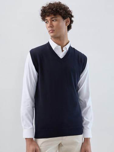 Raymond Men Regular Fit Solid Pattern Marino Wool Acryalic Blend V Neck Sleeveless Casual Sweater