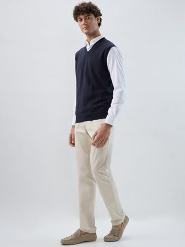 Raymond Men Regular Fit Solid Pattern Marino Wool Acryalic Blend V Neck Sleeveless Casual Sweater