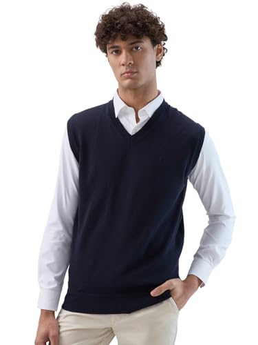 Raymond Men Regular Fit Solid Pattern Marino Wool Acryalic Blend V Neck Sleeveless Casual Sweater