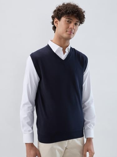 Raymond Men Regular Fit Solid Pattern Marino Wool Acryalic Blend V Neck Sleeveless Casual Sweater