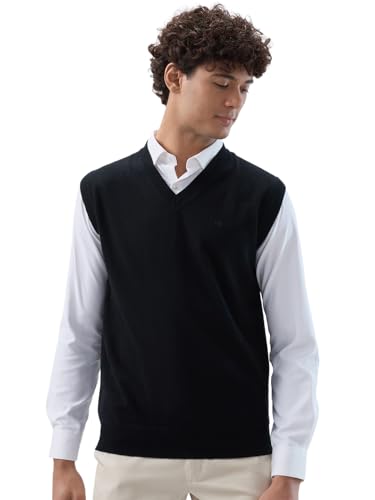 Raymond Men Regular Fit Solid Pattern Marino Wool Acryalic Blend V Neck Sleeveless Casual Sweater