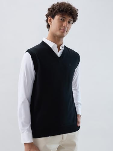 Raymond Men Regular Fit Solid Pattern Marino Wool Acryalic Blend V Neck Sleeveless Casual Sweater
