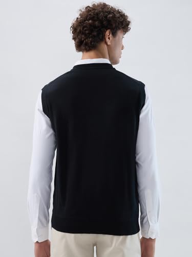 Raymond Men Regular Fit Solid Pattern Marino Wool Acryalic Blend V Neck Sleeveless Casual Sweater