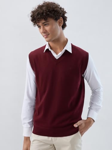 Raymond Men Regular Fit Solid Pattern Marino Wool Acryalic Blend V Neck Sleeveless Casual Sweater