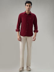Park Avenue Men Slim Fit Solid Pattern Pure Cotton Semi Cutaway Collar Full Sleeve Casual Shirt Dark Maroon