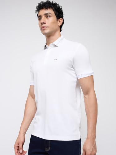 Park Avenue Men Slim Fit Solid Pattern Pure Cotton Polo Neck Half Sleeve Straight Hem Casual T-Shirt White