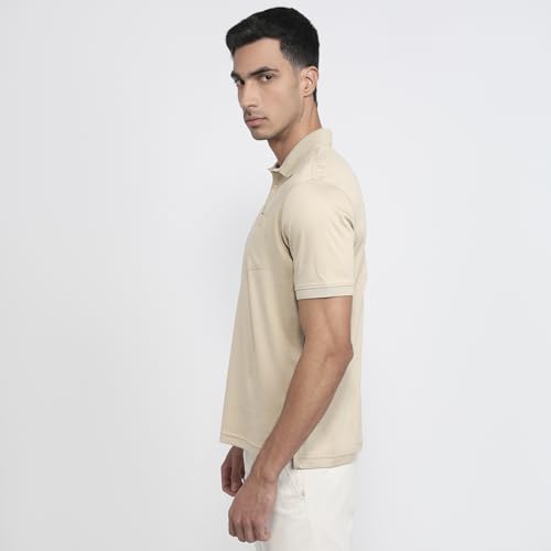 Park Avenue Men Regular Fit Solid Pattern Pure Cotton Half Sleeve Polo Neck Casual T-Shirt Medium Fawn