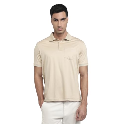 Park Avenue Men Regular Fit Solid Pattern Pure Cotton Half Sleeve Polo Neck Casual T-Shirt Medium Fawn