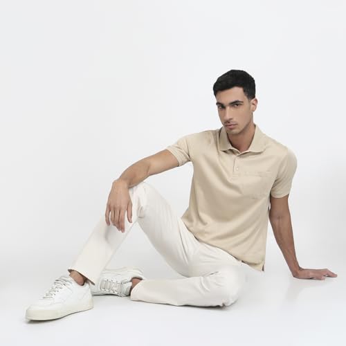 Park Avenue Men Regular Fit Solid Pattern Pure Cotton Half Sleeve Polo Neck Casual T-Shirt Medium Fawn