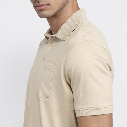 Park Avenue Men Regular Fit Solid Pattern Pure Cotton Half Sleeve Polo Neck Casual T-Shirt Medium Fawn