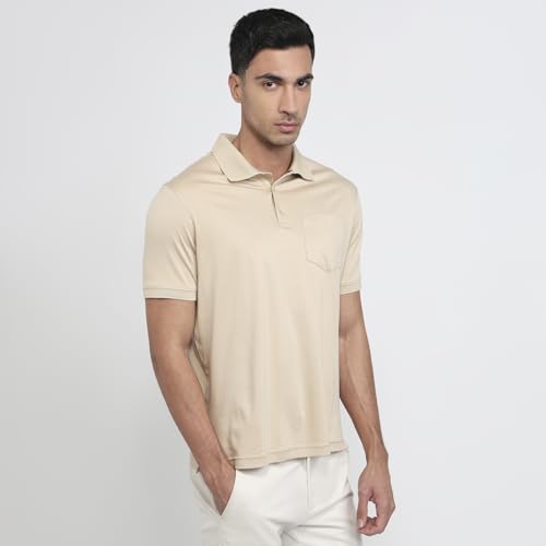 Park Avenue Men Regular Fit Solid Pattern Pure Cotton Half Sleeve Polo Neck Casual T-Shirt Medium Fawn