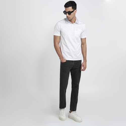 Park Avenue Men Regular Fit Print Pattern Pure Cotton Half Sleeve Polo Neck Casual T-Shirt Medium Grey