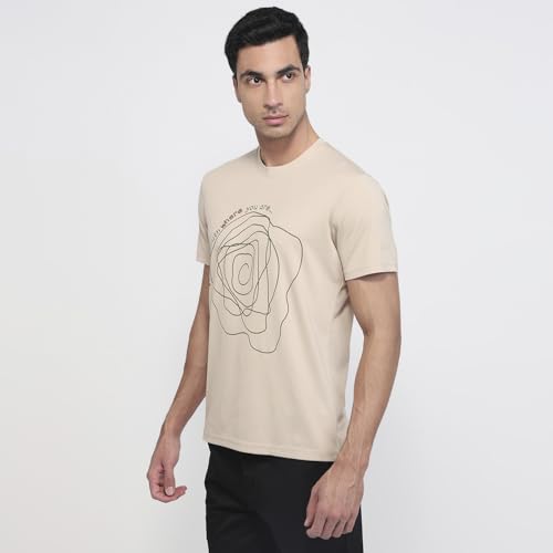 Parx Men Regular Fit Graphic Pattern Rayon Nylon Blend Round Neck Half Sleeve Straight Hem Casual T-Shirt Light Fawn