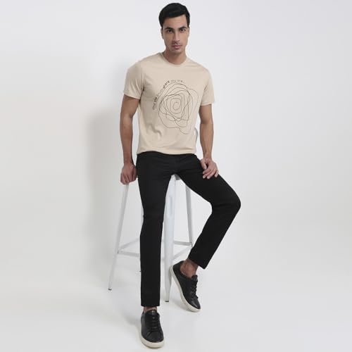 Parx Men Regular Fit Graphic Pattern Rayon Nylon Blend Round Neck Half Sleeve Straight Hem Casual T-Shirt Light Fawn