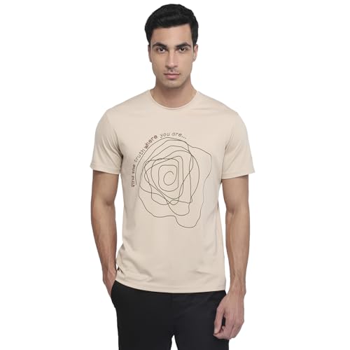 Parx Men Regular Fit Graphic Pattern Rayon Nylon Blend Round Neck Half Sleeve Straight Hem Casual T-Shirt Light Fawn