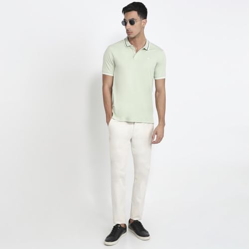 Parx Men Regular Fit Solid Pattern Rayon Blend Polo Neck Half Sleeve Straight Hem Casual T-Shirt Light Green