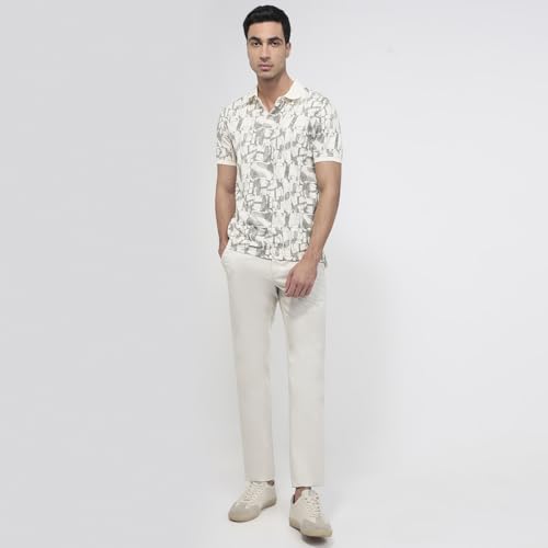 Parx Men Regular Fit Print Pattern Rayon Blend Polo Neck Half Sleeve Straight Hem Casual T-Shirt White