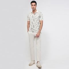 Parx Men Regular Fit Print Pattern Rayon Blend Polo Neck Half Sleeve Straight Hem Casual T-Shirt White