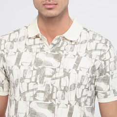 Parx Men Regular Fit Print Pattern Rayon Blend Polo Neck Half Sleeve Straight Hem Casual T-Shirt White