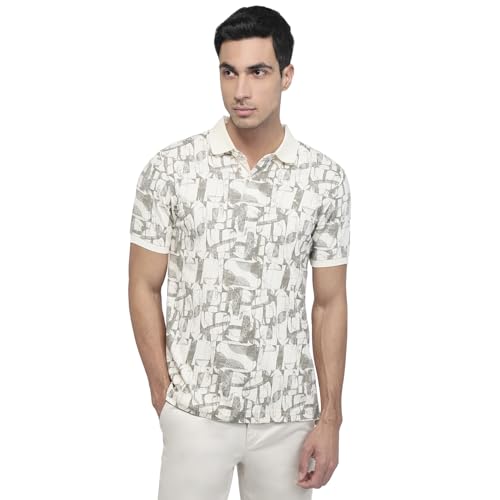 Parx Men Regular Fit Print Pattern Rayon Blend Polo Neck Half Sleeve Straight Hem Casual T-Shirt White
