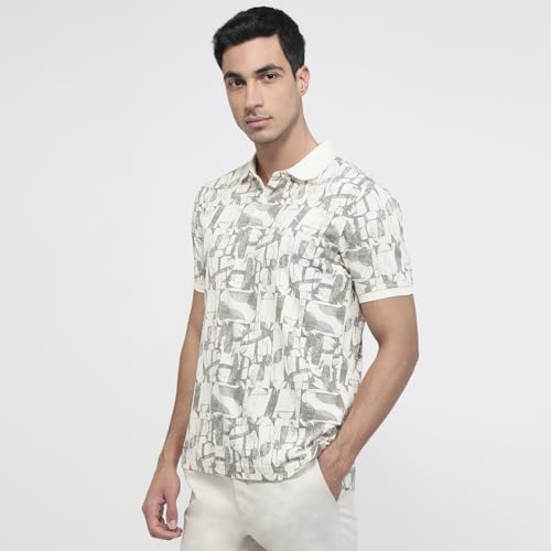 Parx Men Regular Fit Print Pattern Rayon Blend Polo Neck Half Sleeve Straight Hem Casual T-Shirt White
