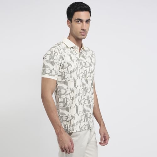 Parx Men Regular Fit Print Pattern Rayon Blend Polo Neck Half Sleeve Straight Hem Casual T-Shirt White