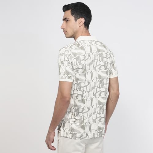 Parx Men Regular Fit Print Pattern Rayon Blend Polo Neck Half Sleeve Straight Hem Casual T-Shirt White