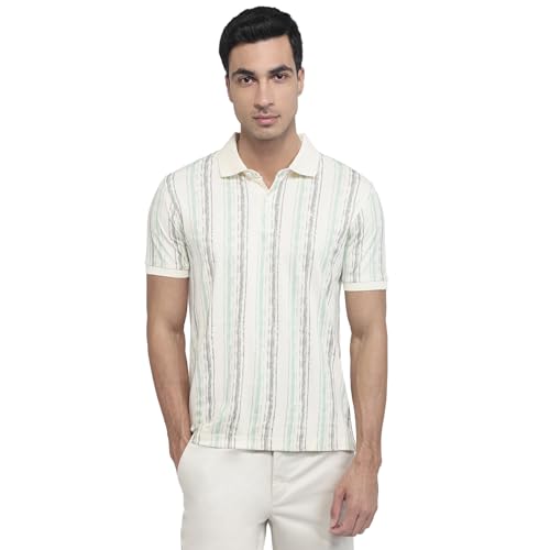 Parx Men Regular Fit Print Pattern Rayon Blend Polo Neck Half Sleeve Straight Hem Casual T-Shirt White
