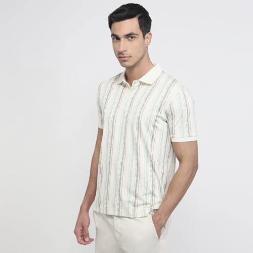 Parx Men Regular Fit Print Pattern Rayon Blend Polo Neck Half Sleeve Straight Hem Casual T-Shirt White