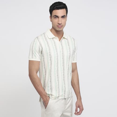 Parx Men Regular Fit Print Pattern Rayon Blend Polo Neck Half Sleeve Straight Hem Casual T-Shirt White