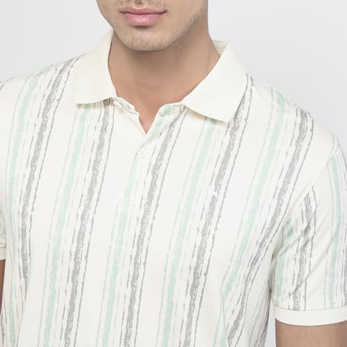 Parx Men Regular Fit Print Pattern Rayon Blend Polo Neck Half Sleeve Straight Hem Casual T-Shirt White