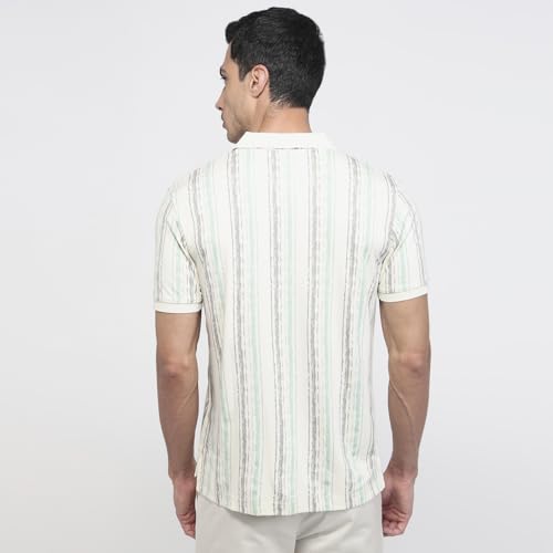Parx Men Regular Fit Print Pattern Rayon Blend Polo Neck Half Sleeve Straight Hem Casual T-Shirt White