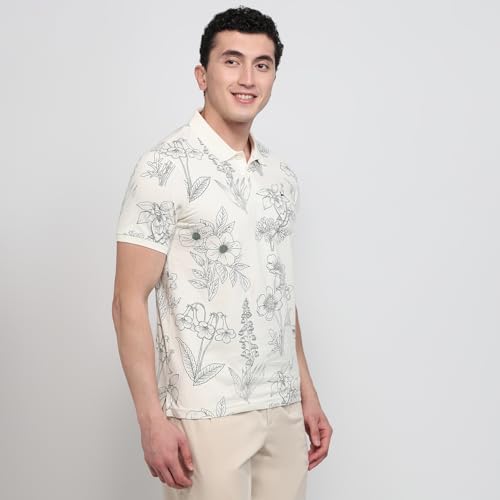Parx Men Regular Fit Print Pattern Pure Cotton Polo Neck Half Sleeve Straight Hem Casual T-Shirt White