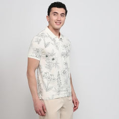 Parx Men Regular Fit Print Pattern Pure Cotton Polo Neck Half Sleeve Straight Hem Casual T-Shirt White