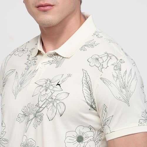 Parx Men Regular Fit Print Pattern Pure Cotton Polo Neck Half Sleeve Straight Hem Casual T-Shirt White