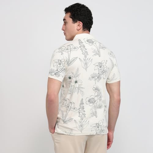 Parx Men Regular Fit Print Pattern Pure Cotton Polo Neck Half Sleeve Straight Hem Casual T-Shirt White
