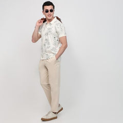 Parx Men Regular Fit Print Pattern Pure Cotton Polo Neck Half Sleeve Straight Hem Casual T-Shirt White